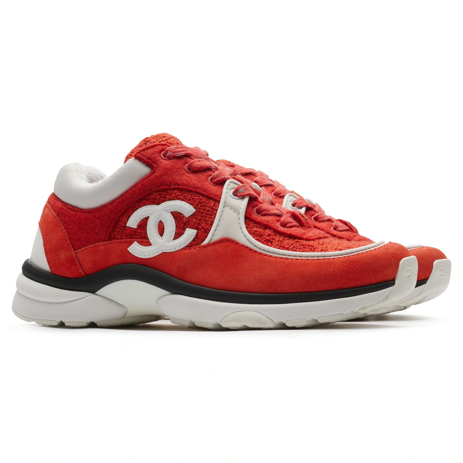 Chanel CC Logo Suede Red Tweed Sneaker